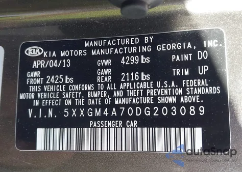 2013 Kia Optima Lx from USA, damaged, VIN 5XXGM4A70DG203089